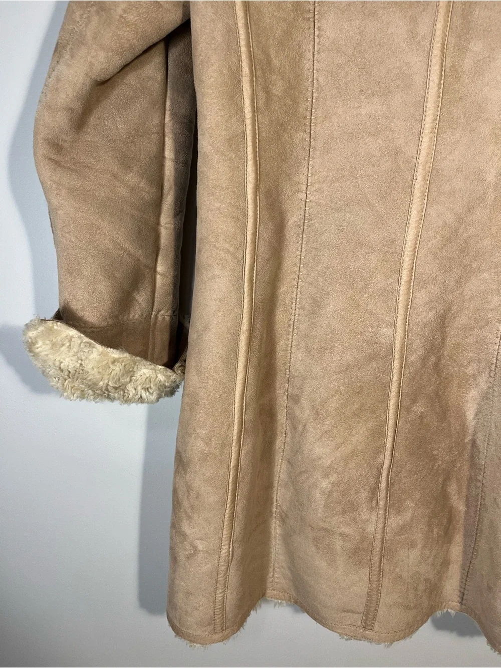 Mossimo Tan Faux Suede Coat Faux Fur Shearling Lining 70s Vintage Inspired